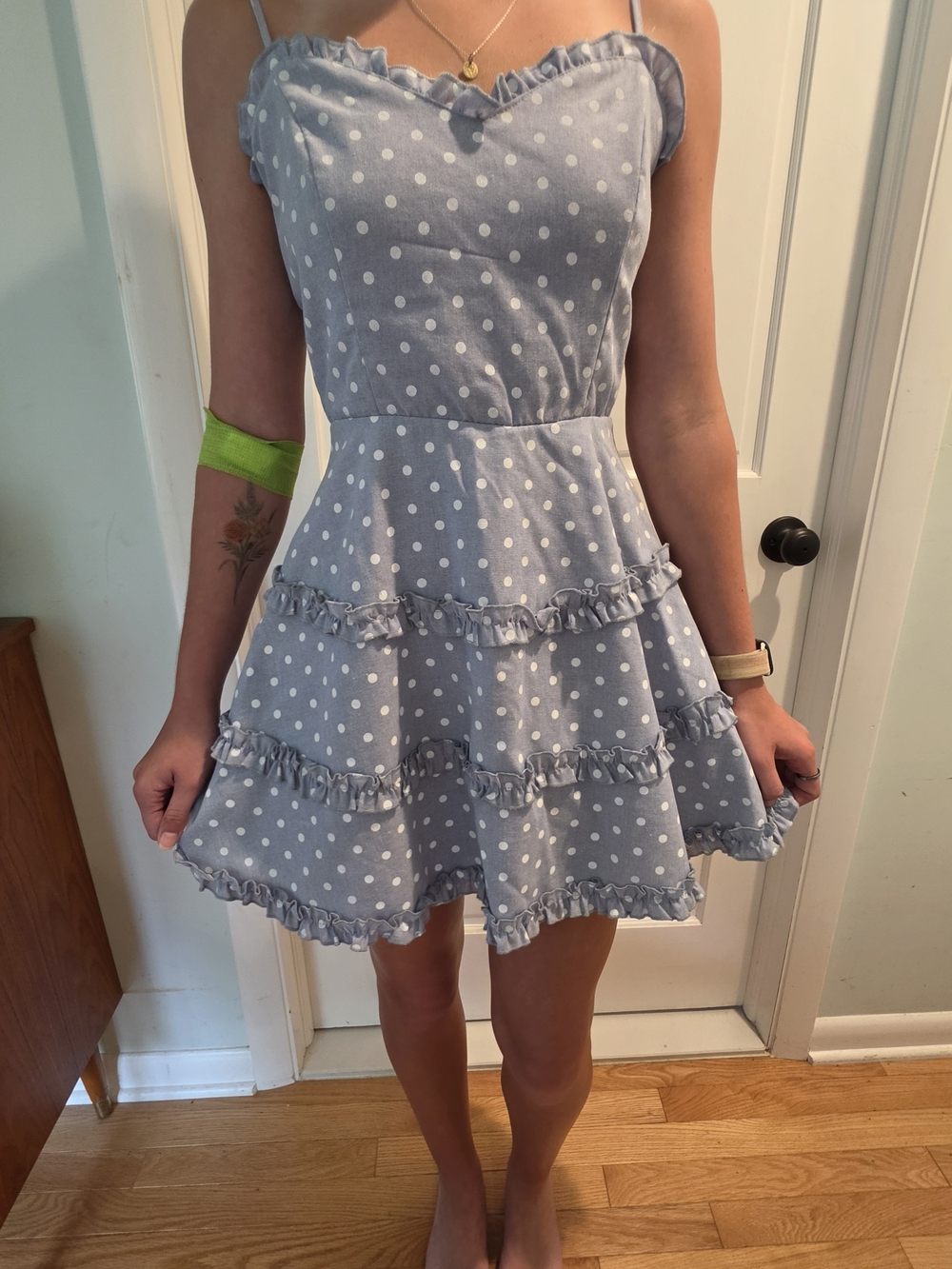 miami Light Blue Polka Dot Ruffle Midi Dress
